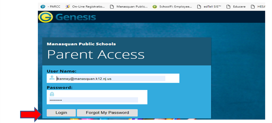 Screenshot of Parent Portal Login page