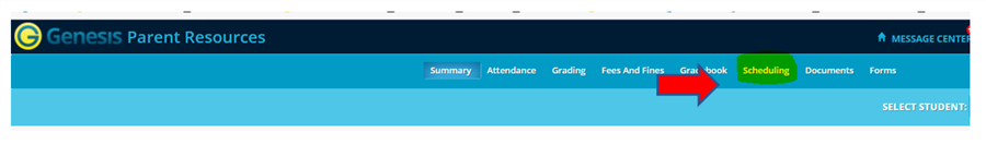 Screenshot of parent portal scheduling tab