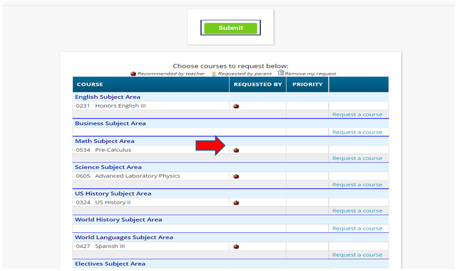 Screenshot of course requests screen