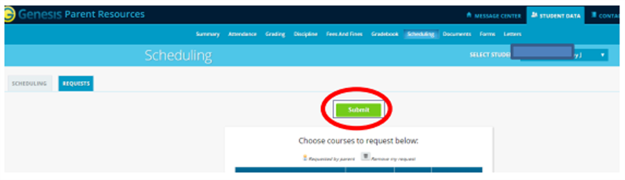 Screenshot of submitting course requests